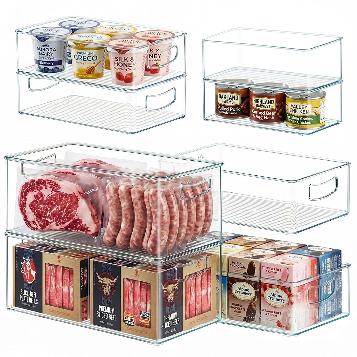 8 PACK Freezer Organizer Bins Fridge Organizers and Storage Stackable Refrigerator Organizers Bins with Side Handles Clear Storage Bins for Pantry, Under Sink, Kitchen Cabinet
