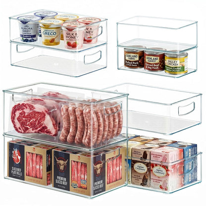 8 PACK Freezer Organizer Bins Fridge Organizers and Storage Stackable Refrigerator Organizers Bins with Side Handles Clear Storage Bins for Pantry, Under Sink, Kitchen Cabinet