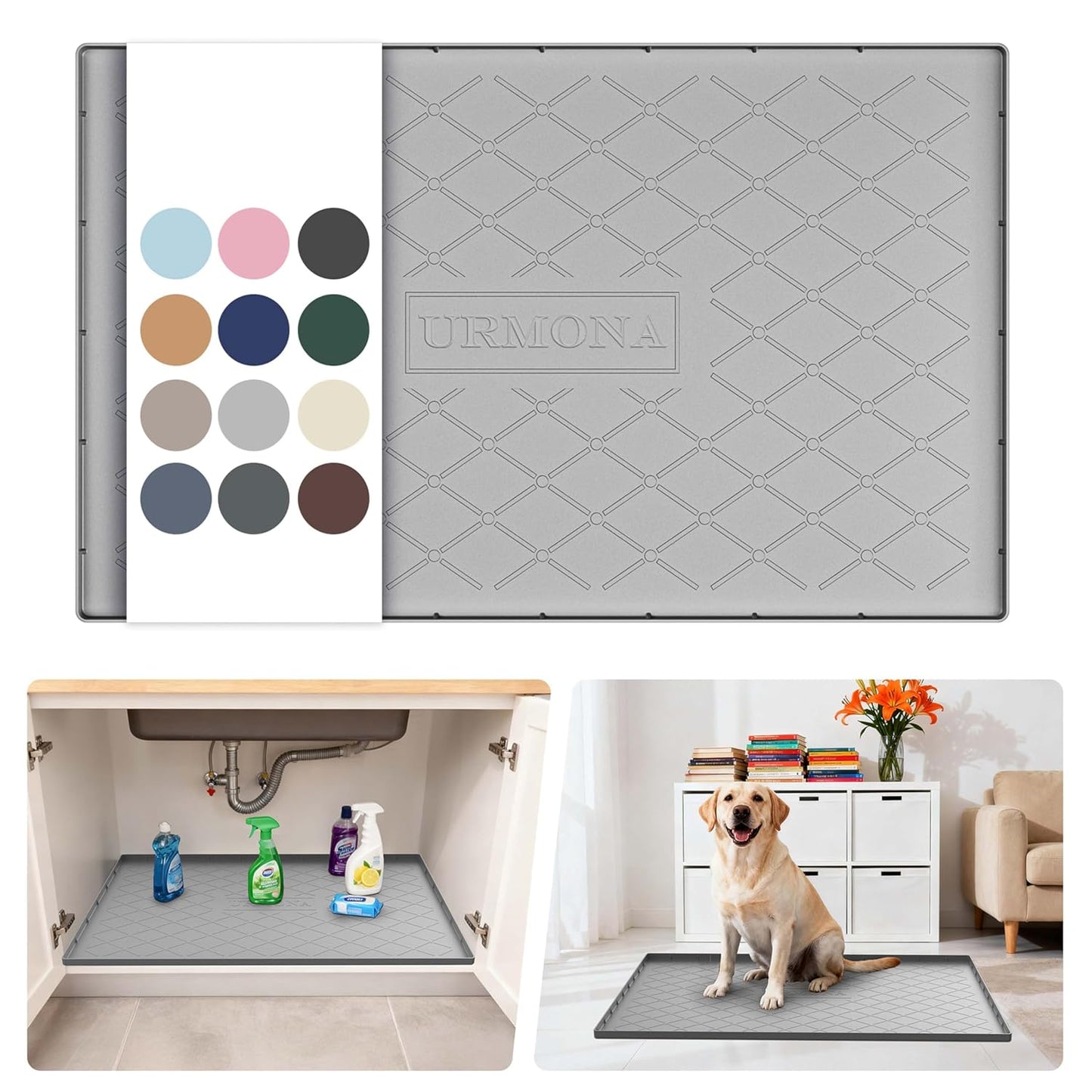 URMONA Under Sink Mat for Kitchen Waterproof, 34" x 22" Silicone Under Sink Mat for Shelf Liner Organizer, Cabinet Sink Protector Under Sink Liner for Bottom Kitchen, Bathroom(Light Grey)