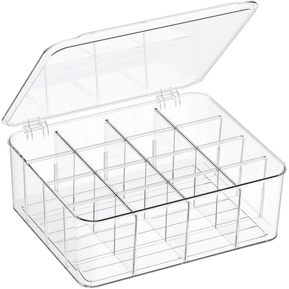 Sock Underwear Organizer, 16 Compartment Adjustable Dividers Tie Socks Underwear Drawer Organizers for Closet, Clear Plastic Storage Containers Box with Lids for Ties Scarf Socks Bras
