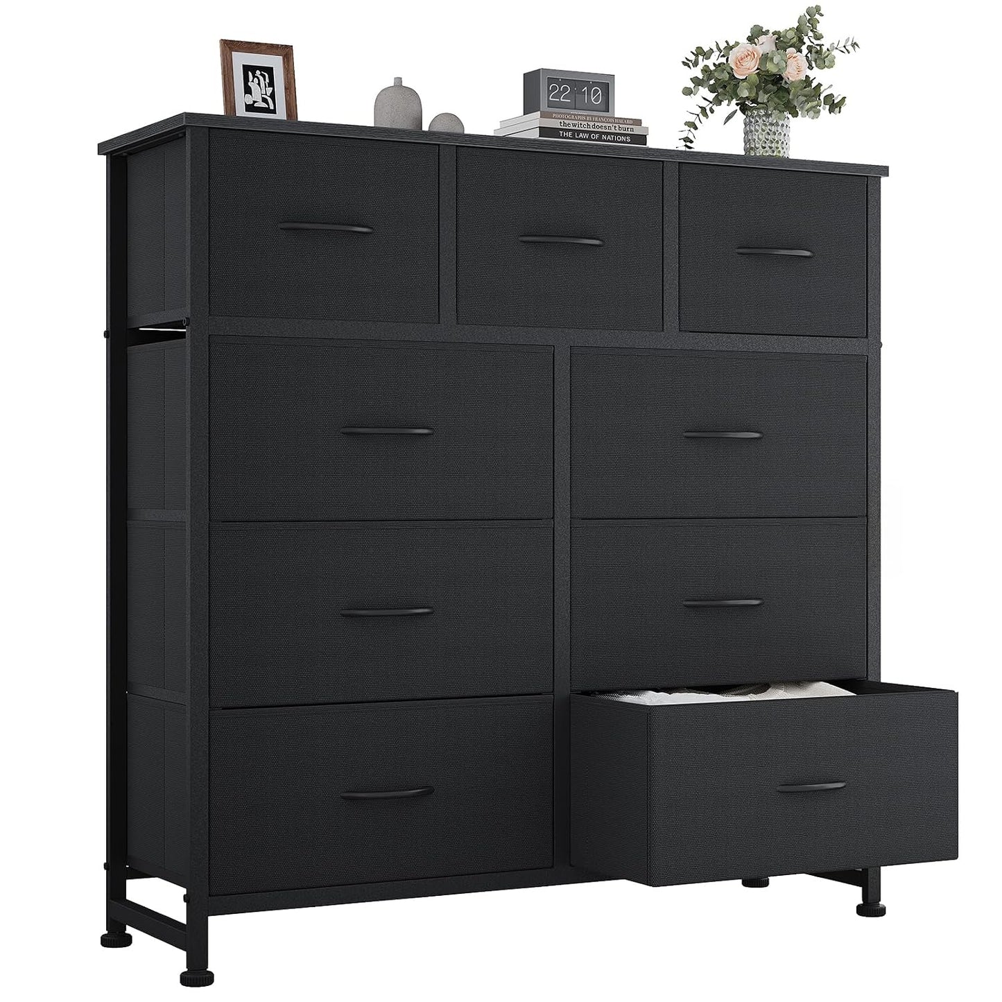 OLIXIS 9 Drawer Fabric Storage Dresser Chest Organizer Unit, Black | Sturdy and lightweight fabric drawers with easy-pull handles. Space-saving versatile organizer for clothes, bedroom
