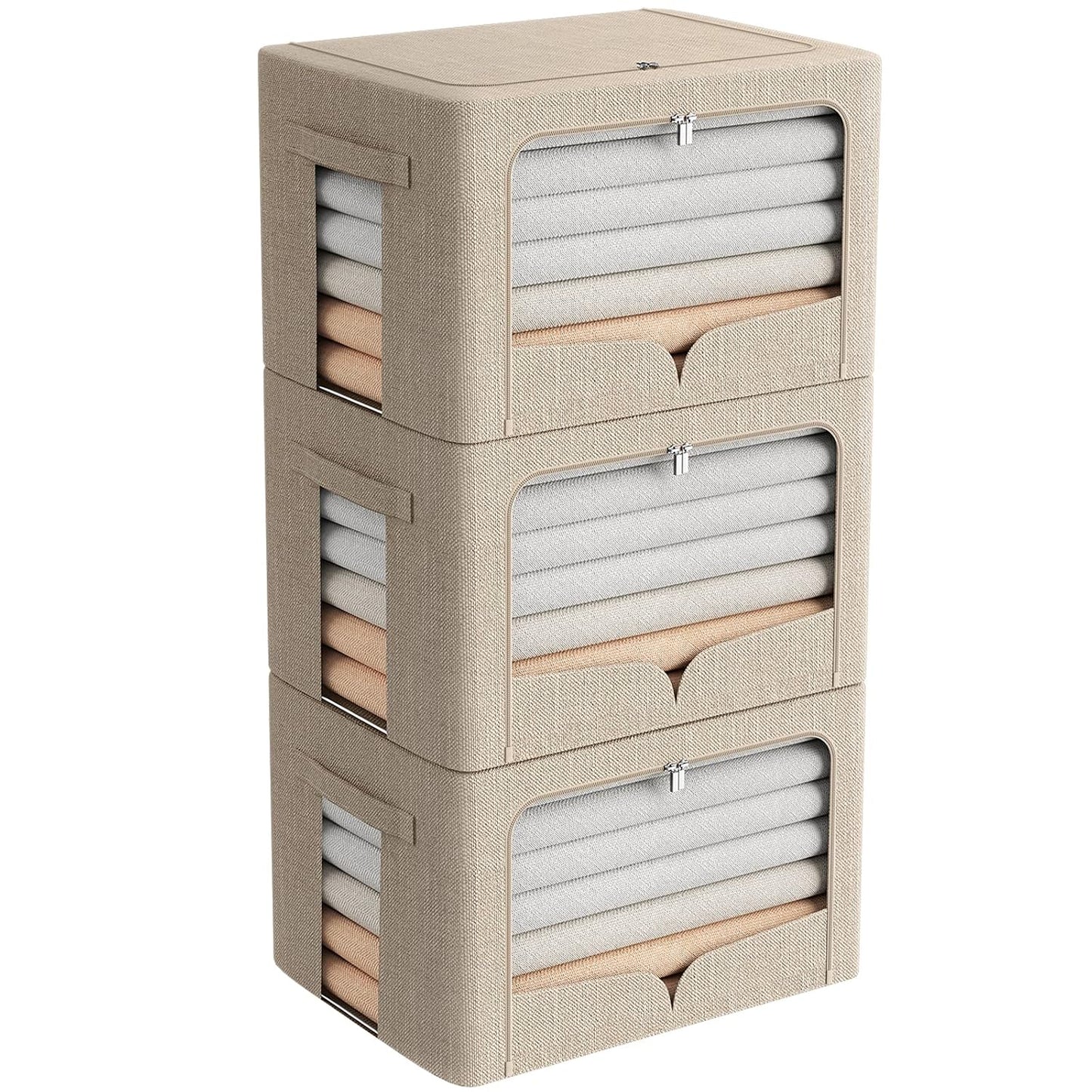 FHSQX 3 Pack Clothes Storage Bins Foldable Metal Frame Storage Box Stackable Linen Fabric Organizer Set with Carrying Handles and Clear Window (Beige, 15.7x11.8x11.8inch(36L))