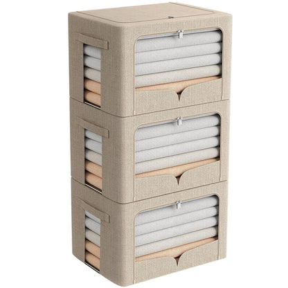 FHSQX 3 Pack Clothes Storage Bins Foldable Metal Frame Storage Box Stackable Linen Fabric Organizer Set with Carrying Handles and Clear Window (Beige, 15.7x11.8x11.8inch(36L))