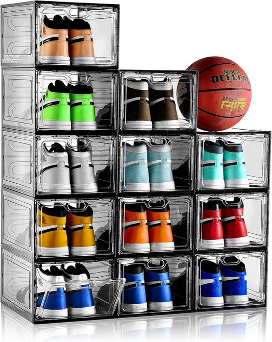 INSTY 12 Pack Gray Transparent Shoe Storage Organizer, Stackable Shoe Boxes for Closet, Drop Front Plastic Shoe Box with Grey Door, Easy to Assemble, Fit up US Size 12(13.4”x 9.8”x 7.1”)