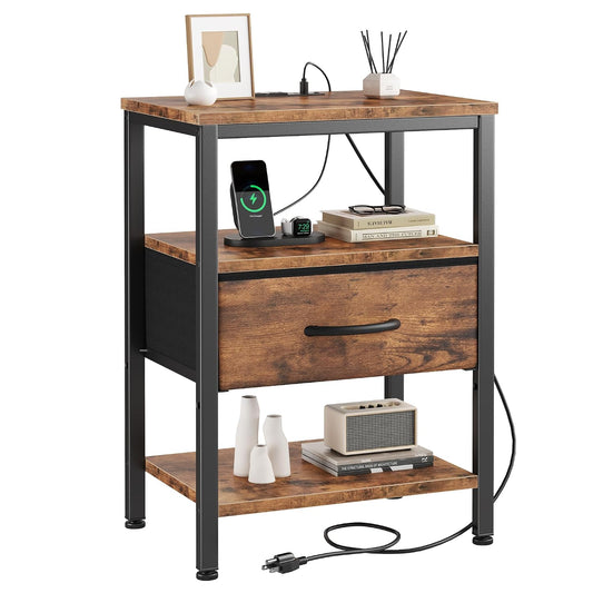 DUMOS Bedside Table with Charging Station and an Adjustable Fabric Drawer, and it is a Compact Nightstand, as Well as a 3-Tier Storage Organizer and an End Table for Bedroom, Brown