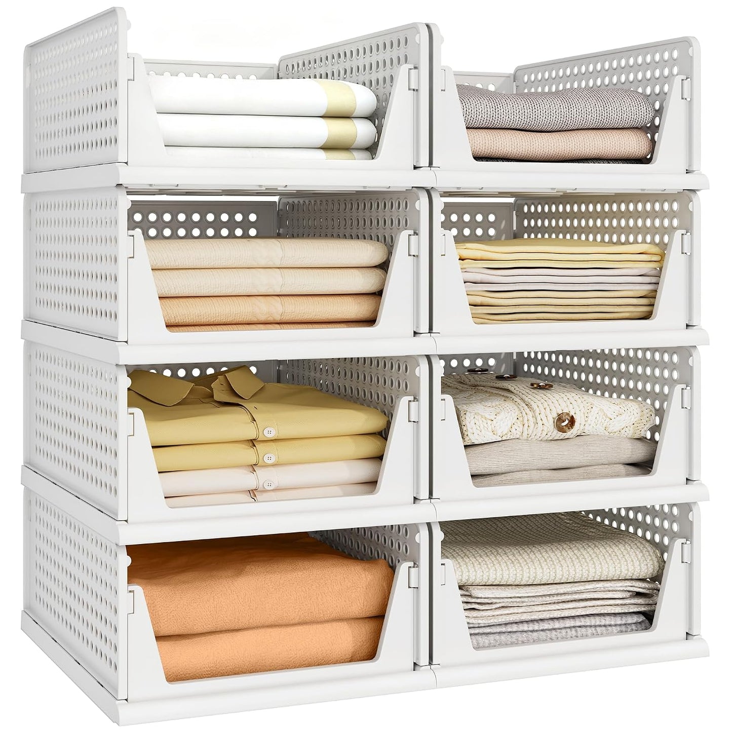 8 Pack Closet Organizer Storage Bins Stackable Plastic Drawer Shelf | Basket for Clothing Stackable Storage Bins Shelf Storage Container for Closet Wardrobe Bedroom Bathroom Office White Foldable