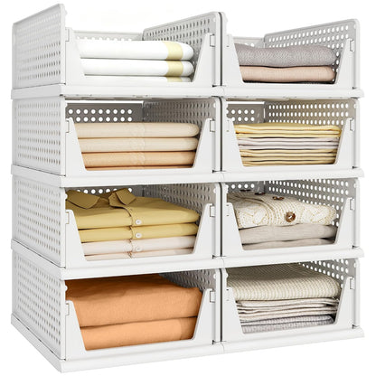 8 Pack Closet Organizer Storage Bins Stackable Plastic Drawer Shelf | Basket for Clothing Stackable Storage Bins Shelf Storage Container for Closet Wardrobe Bedroom Bathroom Office White Foldable