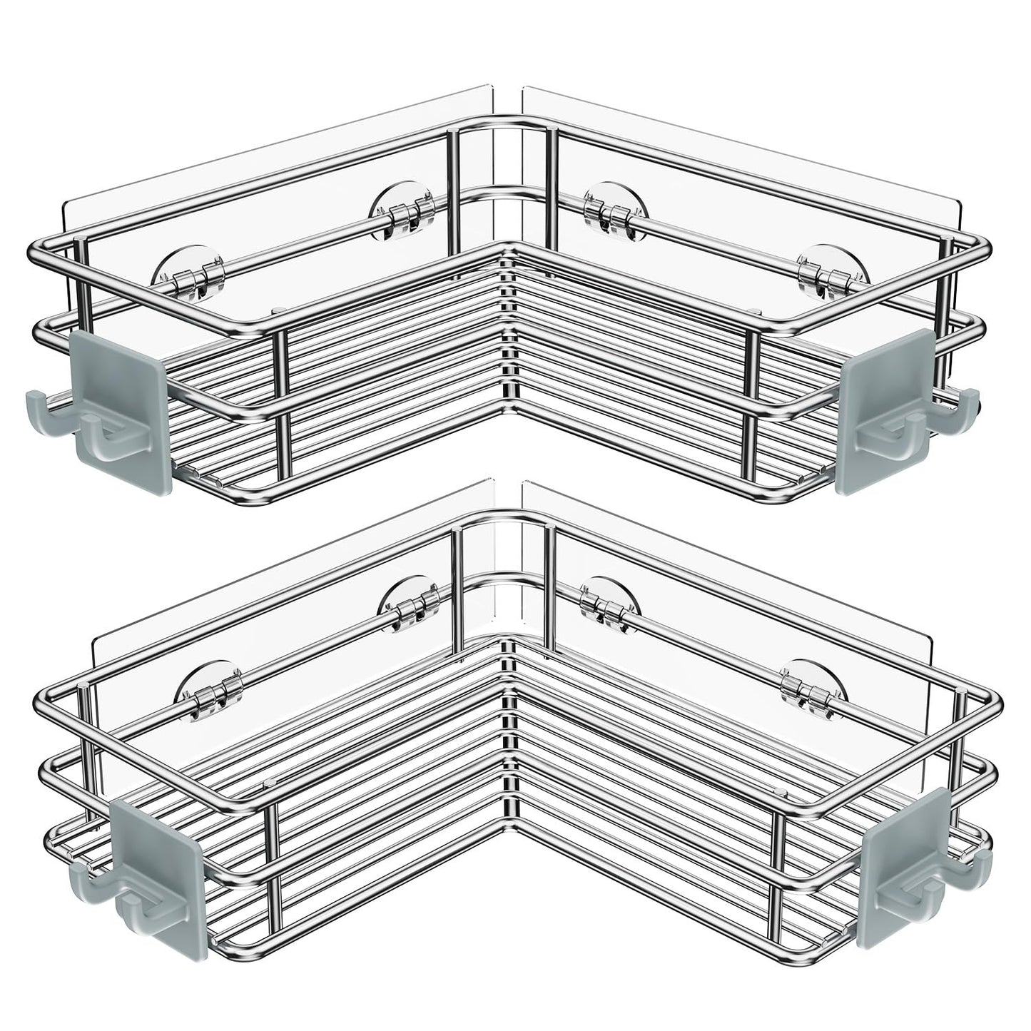 Nieifi Corner Shower Shelves, Adhesive Shower Caddy, Bathroom Organization | Stainless steel, 2 pack, wall mounted, bathroom shelves, shampoo and soap holder, bathtub storage, with hooks, silver