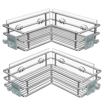 Nieifi Corner Shower Shelves, Adhesive Shower Caddy, Bathroom Organization | Stainless steel, 2 pack, wall mounted, bathroom shelves, shampoo and soap holder, bathtub storage, with hooks, silver