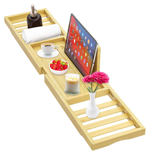 Bathtub Tray - Bath Tray Expandable - Bath Table Trays for Bathtub/Tub,Premium Bamboo Wooden, Fits Most Bath Tubs