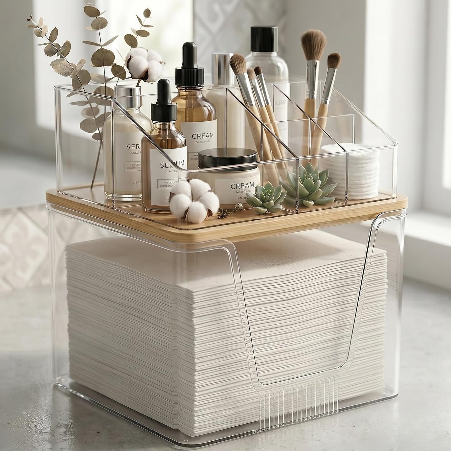 Disposable Facial Towels Holder, 2 in 1 Facial Towels Storage Box | Clear Acrylic Box with Bamboo Lid Stackable Vanity Organizer Cosmetics Organizer Compatible with Clean Skin Club Towel XL