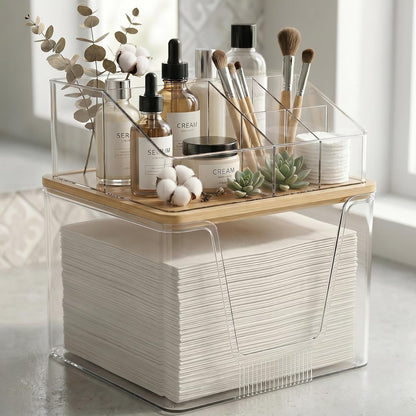 Disposable Facial Towels Holder, 2 in 1 Facial Towels Storage Box | Clear Acrylic Box with Bamboo Lid Stackable Vanity Organizer Cosmetics Organizer Compatible with Clean Skin Club Towel XL