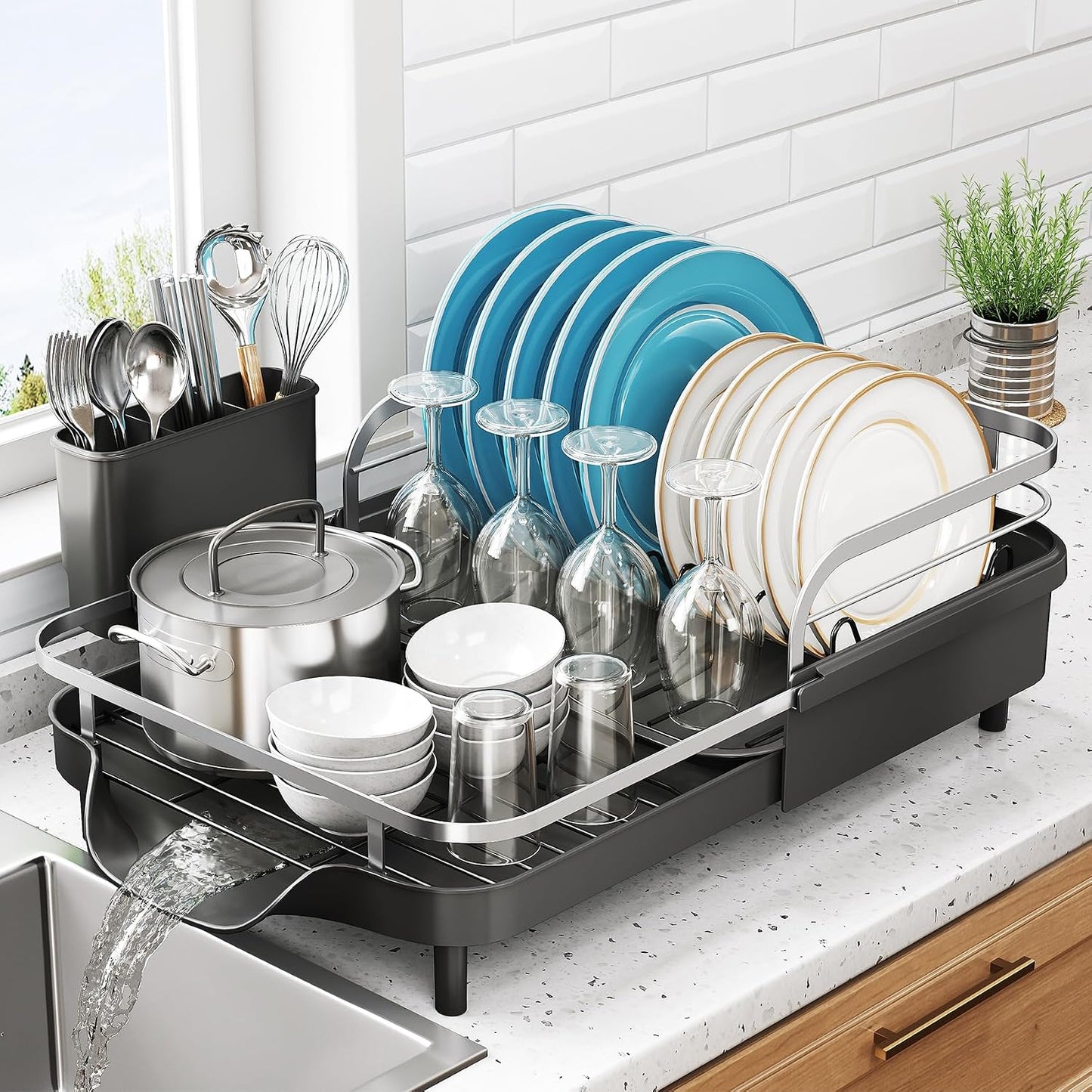 SNTD Expandable Dish Drying Rack for Kitchen Counter, 15.2-22.1 in, Black | Rust-Resistant Stainless Steel, Protective Side Rails, Self-Draining Drainboard, Removable Utensil Holder
