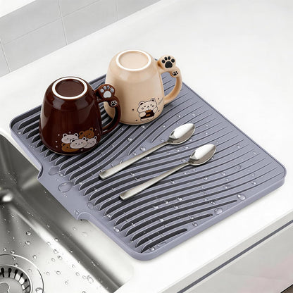 Silicone Dish Drying Mat for Kitchen counter, 15.8"x13" Extra Large Non-Slip Drain Pad with Built-in Drainage, Heat Resistant Dishwasher Safe, Drainage Spout & Hanging Hook, Grey