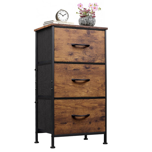 WLIVE Small Dresser Nightstand for Bedroom, 3 Drawers, Rustic Brown | 3 roomy fabric drawers, Compact nightstand, Bedroom or closet use, Chest of drawers, Dresser for small spaces
