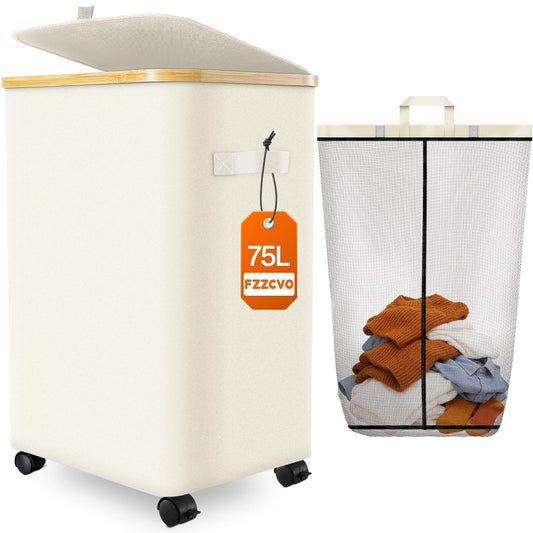 Laundry Hamper with Wheels, 75L Rolling Laundry Ba... (Beige)