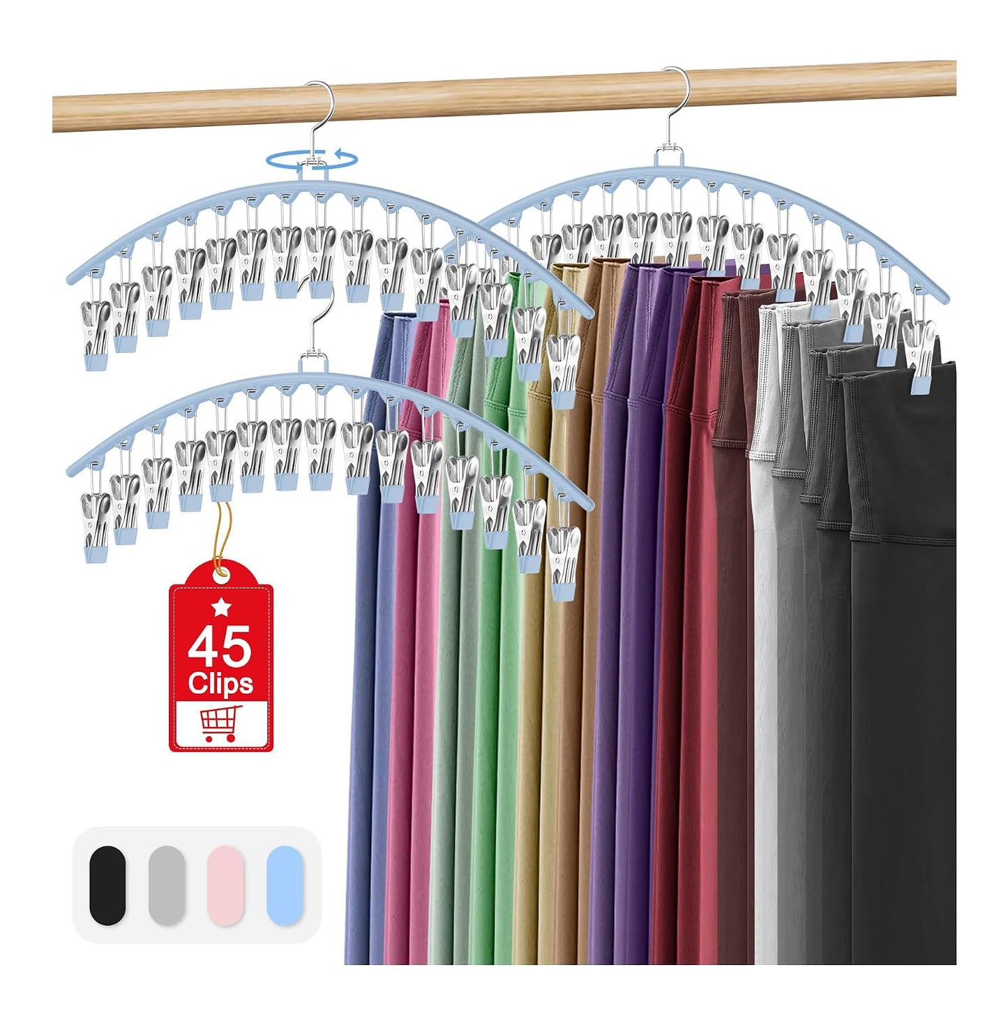 3 Pack Legging Organizer for Closet Hanging, Pants Hangers with Clips Metal | Holds 45 Leggings, Shorts, Skirt, Jeans, Hat, Pants Hangers Space Saving Clothes Racks Closet Organizers and Storage Blue