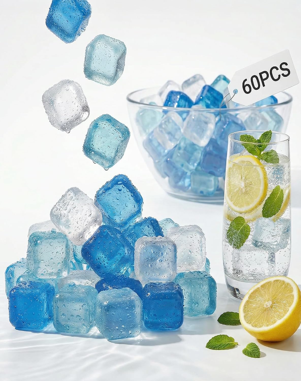 60 Pack Reusable Ice Cubes for Drinks, Camping and OutdoorIce Baths | BPA-free Plastic Ice Cubes, No Need for Dilution, Slowly Melt, for Ready-to-use Refrigeration Packs, Bbars and Party Hosts