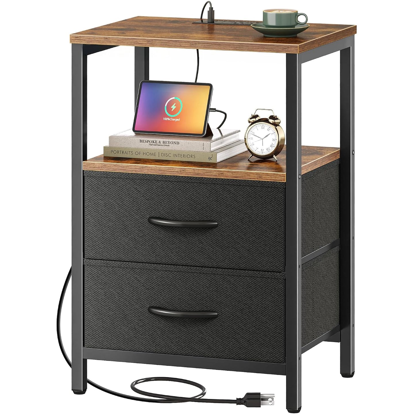 Huuger Nightstand with Charging Station, Side Table with Fabric Drawers, End Table with Open Shelf, Bedside Table with USB Ports and Outlets, Night Stand for Bedroom, Rustic Brown and Black