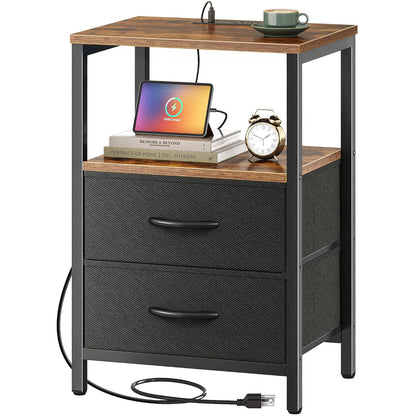 Huuger Nightstand with Charging Station, Side Table with Fabric Drawers, End Table with Open Shelf, Bedside Table with USB Ports and Outlets, Night Stand for Bedroom, Rustic Brown and Black