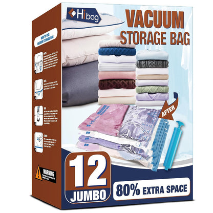 12 Jumbo Vacuum Storage Bags for Bedding, Vacuum Seal Bags for Clothing | Extra Large XL, Airtight Triple Seal, Save 80% Space, Hand Pump, Work with Vacuum, Double Zip, Reusable, Easy to Use