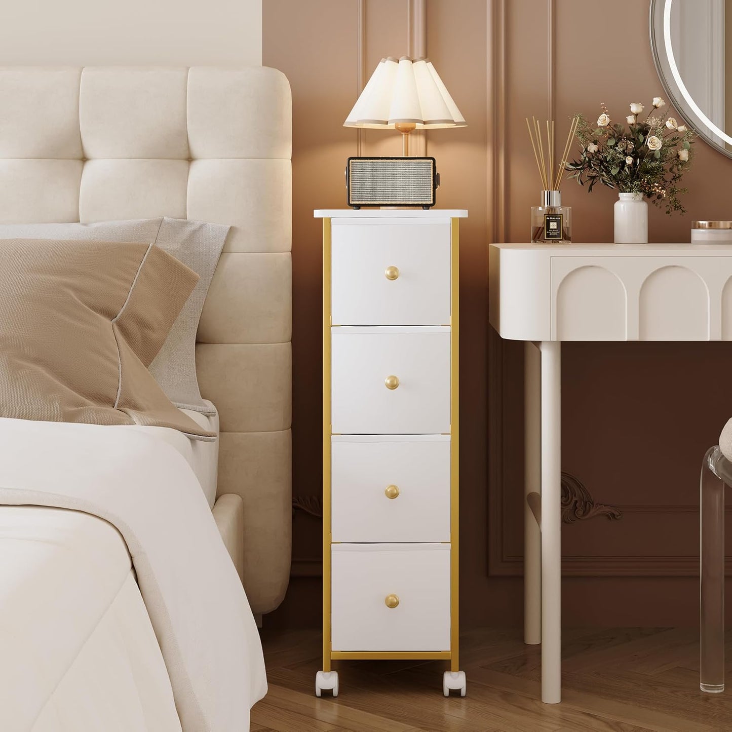 Narrow Storage Cabinet, Narrow Nightstand Dresser with 4 Drawers, Slim Fabric Dresser Storage Tower for Small Spaces, Gold Dresser for Bedroom, Bathroom, Laundry, Closet