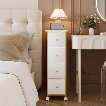 Narrow Storage Cabinet, Narrow Nightstand Dresser with 4 Drawers, Slim Fabric Dresser Storage Tower for Small Spaces, Gold Dresser for Bedroom, Bathroom, Laundry, Closet