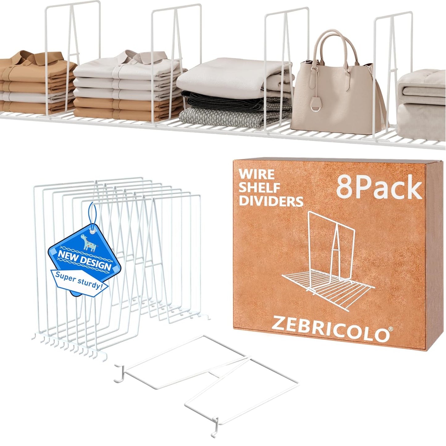 shelf dividers, create 40% more closet space, Set of 8, 12 inch wire shelf dividers, closet organizers and storage,supremely sturdy,closet shelf organizer,Will not break,closet dividers,No Tool,White