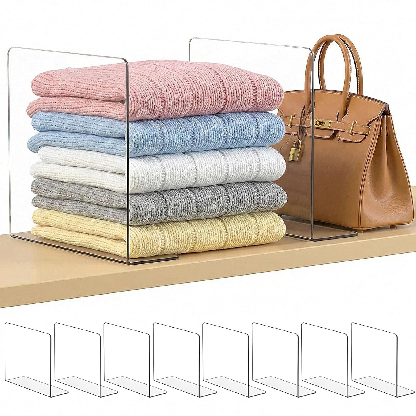 Shelf Dividers for Closet Organization: 10" Tall x 12" Deep | Adhesive Separators Features Acrylic Material and Provides Storage for Clothes and Purses in Bedroom Cabinets(8-Pack)