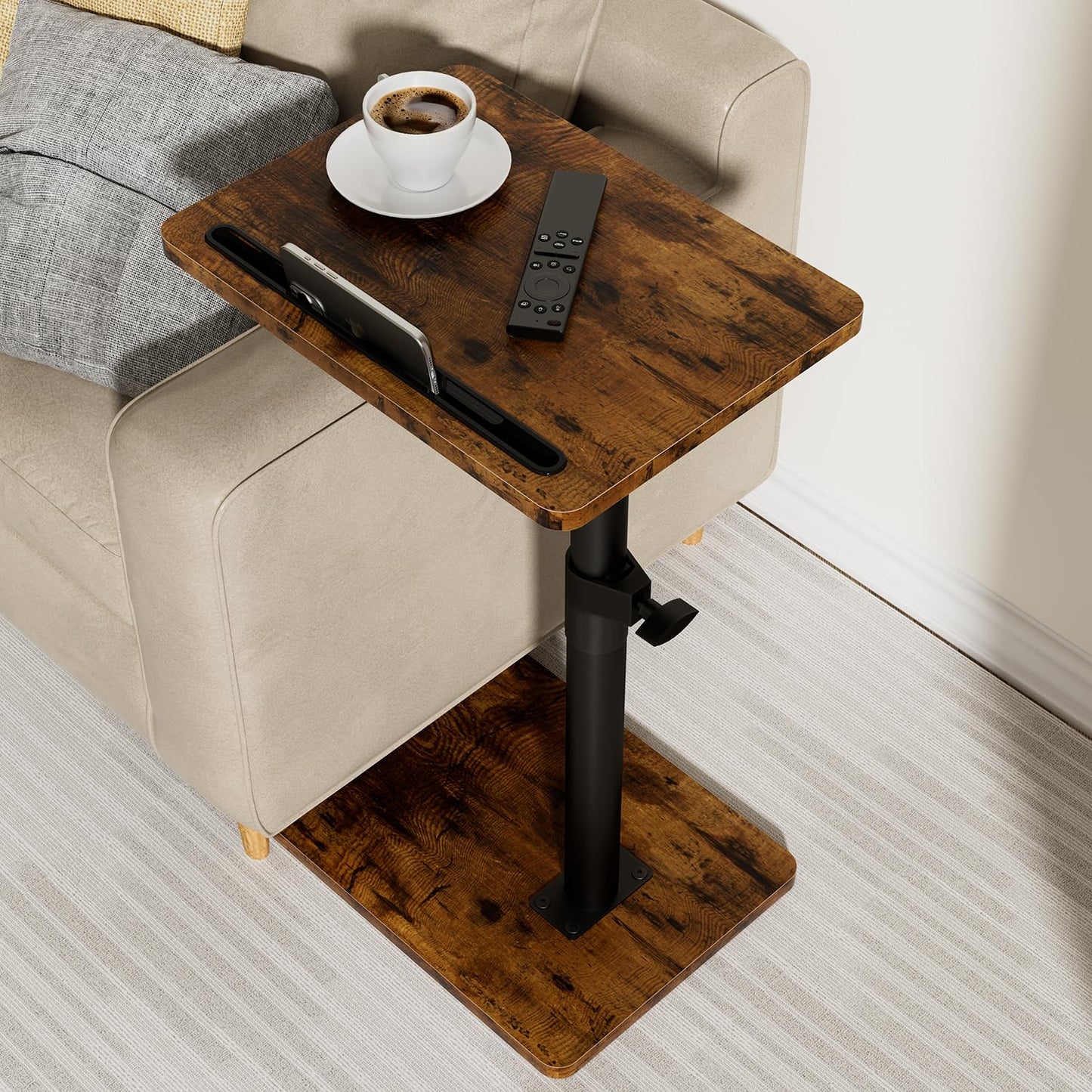 Sofa Armrest Tray Table for Couch - 360° Swivel Height Adjustable End for Small Spaces, Snack Side Table for Bed or Chair with Phone & Tablet Slot (Rustic,Standard)