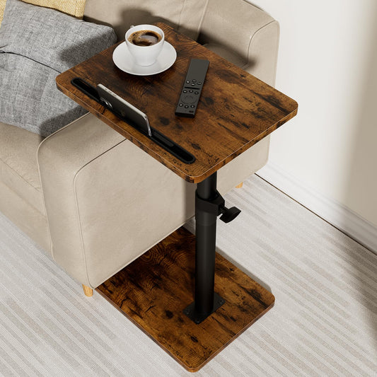 Sofa Armrest Tray Table for Couch - 360° Swivel Height Adjustable End for Small Spaces, Snack Side Table for Bed or Chair with Phone & Tablet Slot (Rustic,Standard)