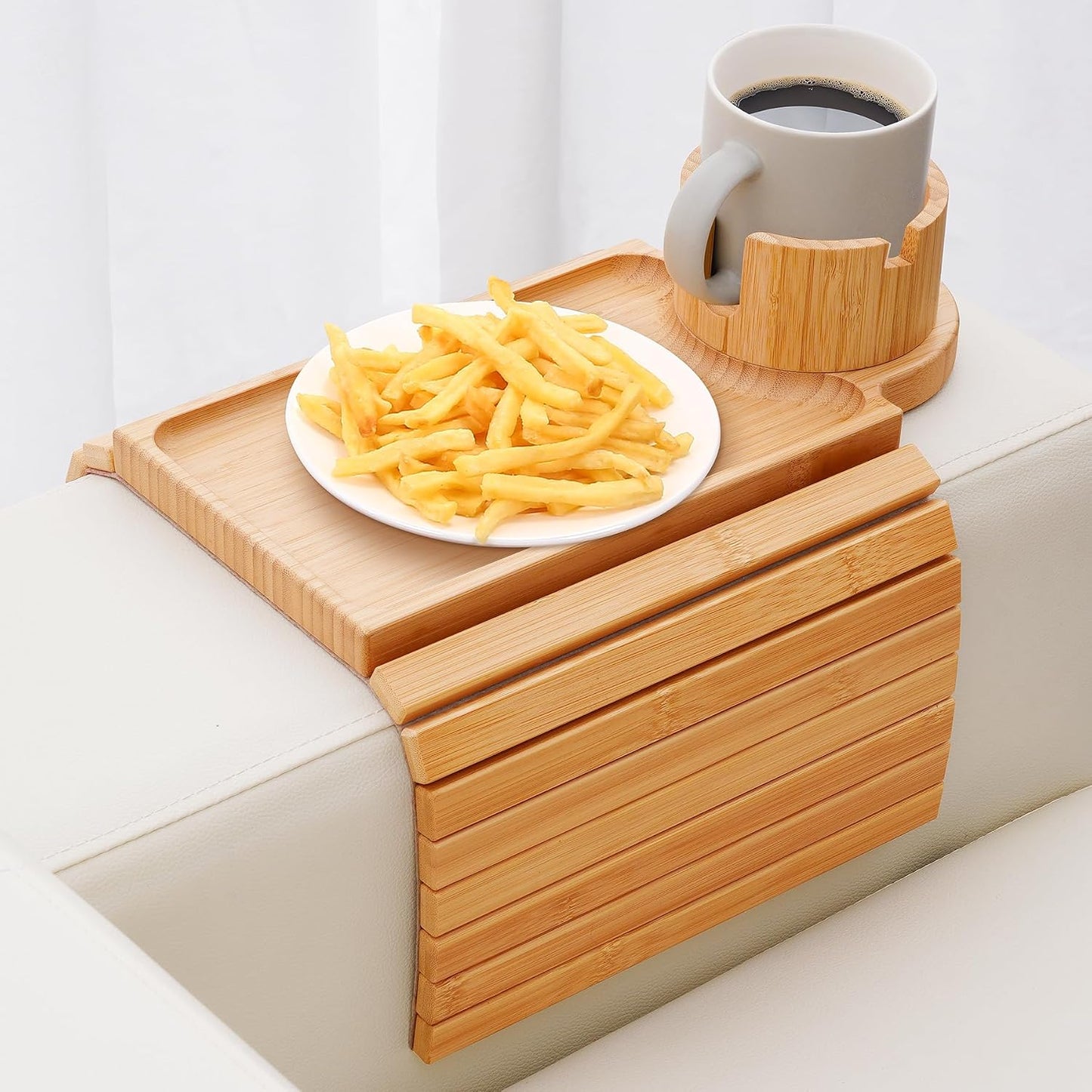 Couch Cup Holder Tray,Large Bamboo Couch Armrest Table with Cup Holder,Foldable Anti-Slip Sofa Arm Tray for Coffee Cup,Water Bottles,Mug,Snacks,Remote