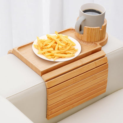 Couch Cup Holder Tray,Large Bamboo Couch Armrest Table with Cup Holder,Foldable Anti-Slip Sofa Arm Tray for Coffee Cup,Water Bottles,Mug,Snacks,Remote