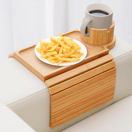 Couch Cup Holder Tray,Large Bamboo Couch Armrest Table with Cup Holder,Foldable Anti-Slip Sofa Arm Tray for Coffee Cup,Water Bottles,Mug,Snacks,Remote