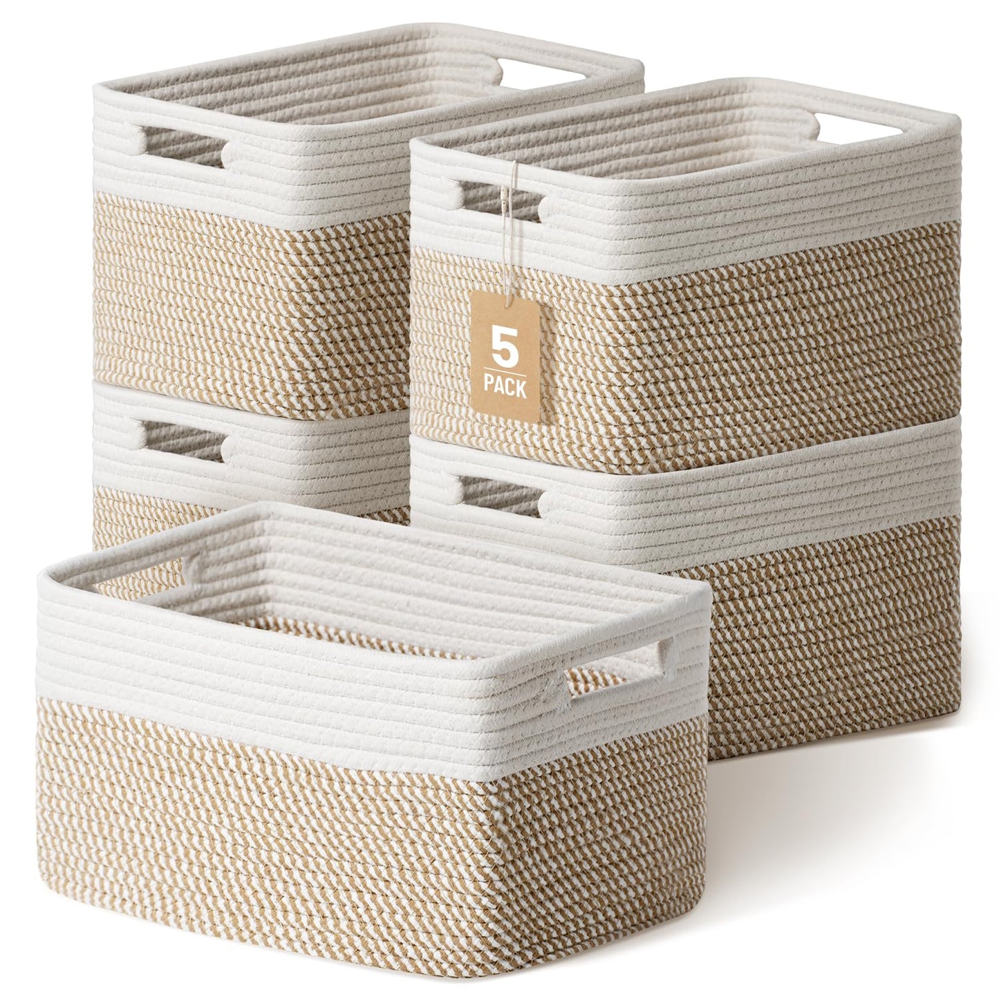 5 Pack Woven Storage Baskets, Decorative Storage Bins for Organizing | 13.8'' × 9.8'' × 7.9'', Cotton Rope Basket Organizer for Closet, Shelves, bathroom, Nursery, Toys, Books, Pantry, Khaki/White