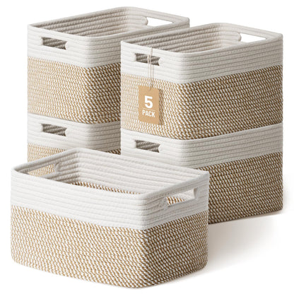 5 Pack Woven Storage Baskets, Decorative Storage Bins for Organizing | 13.8'' × 9.8'' × 7.9'', Cotton Rope Basket Organizer for Closet, Shelves, bathroom, Nursery, Toys, Books, Pantry, Khaki/White