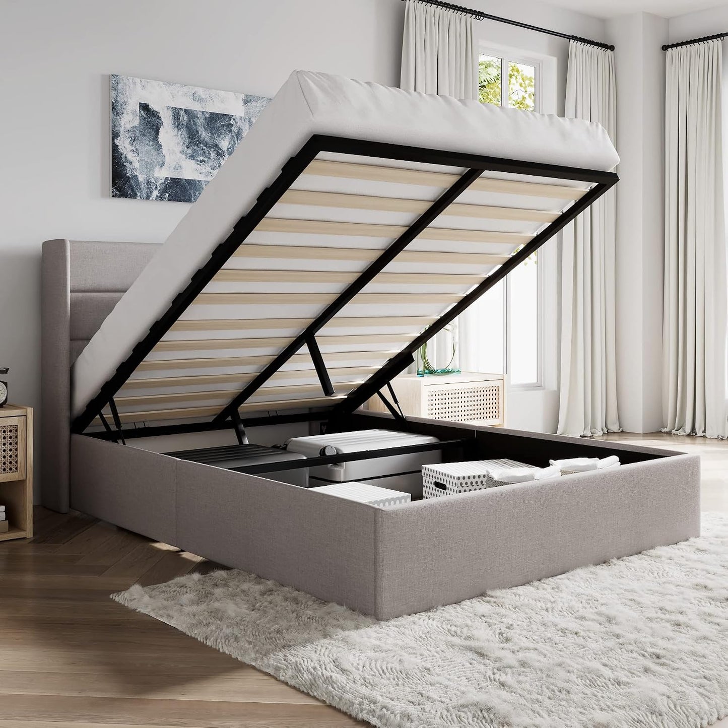 SHA CERLIN Queen Size Lift Up Hydraulic Storage Bed Frame Light Beige | Modern Wingback Headboard, Upholstered Platform Bed Frame, Hydraulic Underneath Storage, No Box Spring Needed