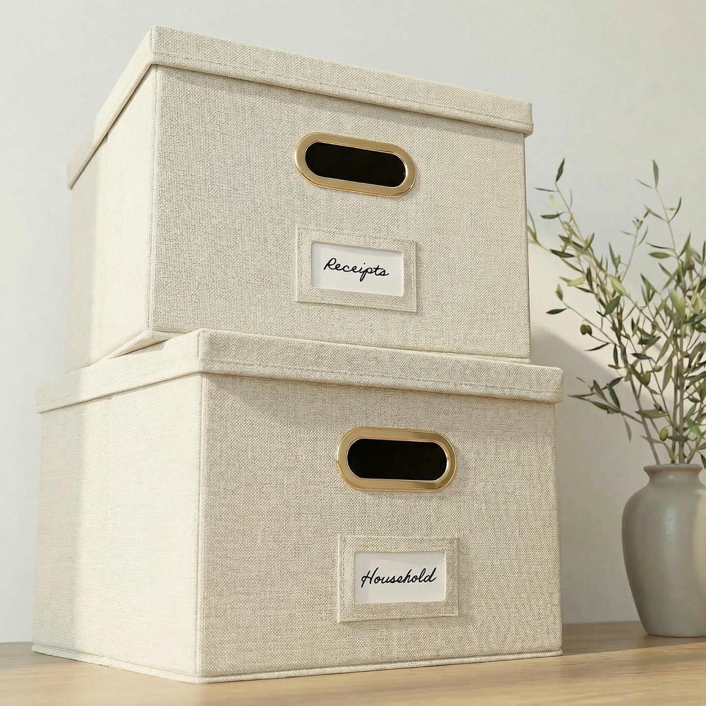 Decorative File Organizer Box Set of 2 - Collapsible Linen Filing Cabinets | Stores Documents and Hanging File Folders - Portable Office Crates with Lid and Handles for Easy Slide Access