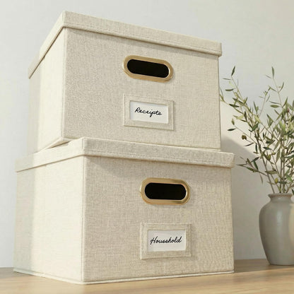Decorative File Organizer Box Set of 2 - Collapsible Linen Filing Cabinets | Stores Documents and Hanging File Folders - Portable Office Crates with Lid and Handles for Easy Slide Access