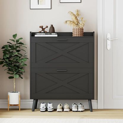Farmhouse Shoe Storage Cabinet with Flip Drawers & Barn Door Design | Slim Narrow Shoe Rack Cabinet with Adjustable Shelves & Hidden Storage for Entryway, Foyer, Hallway, Living Room, Black