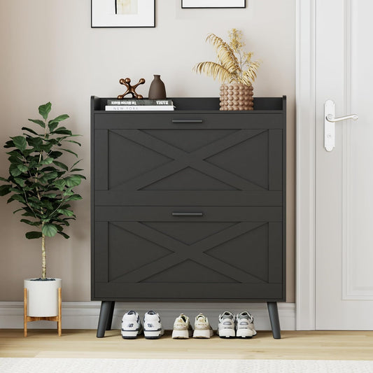 Homleke Farmhouse Shoe Storage Cabinet with Flip Drawers & Barn Door Design | Slim Narrow Shoe Rack Cabinet with Adjustable Shelves & Hidden Storage for Entryway, Foyer, Hallway, Living Room, Black