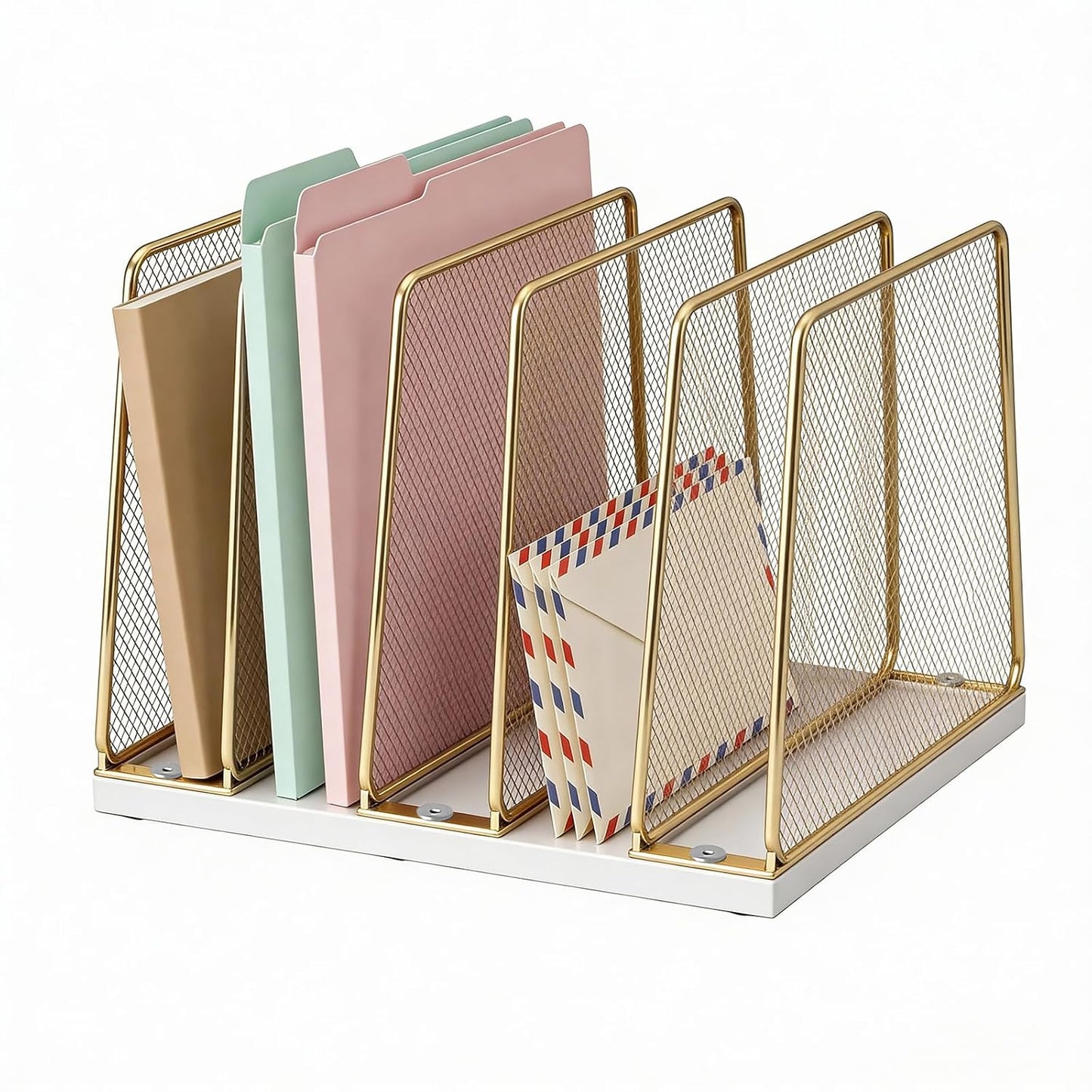 Gold Desk File Organizer, 5-Section Upright File Sorter, Vertical File Folder Holder, Mesh Metal Wood Office Desk Organizer for Document, Magazine, Books and more (White and Gold)