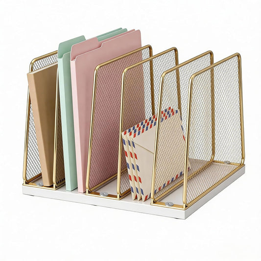 Gold Desk File Organizer, 5-Section Upright File S... (White and Gold)