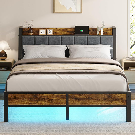 Queen Size Bed Frame with USB Charging Station and... (Black | Metal, Wood)