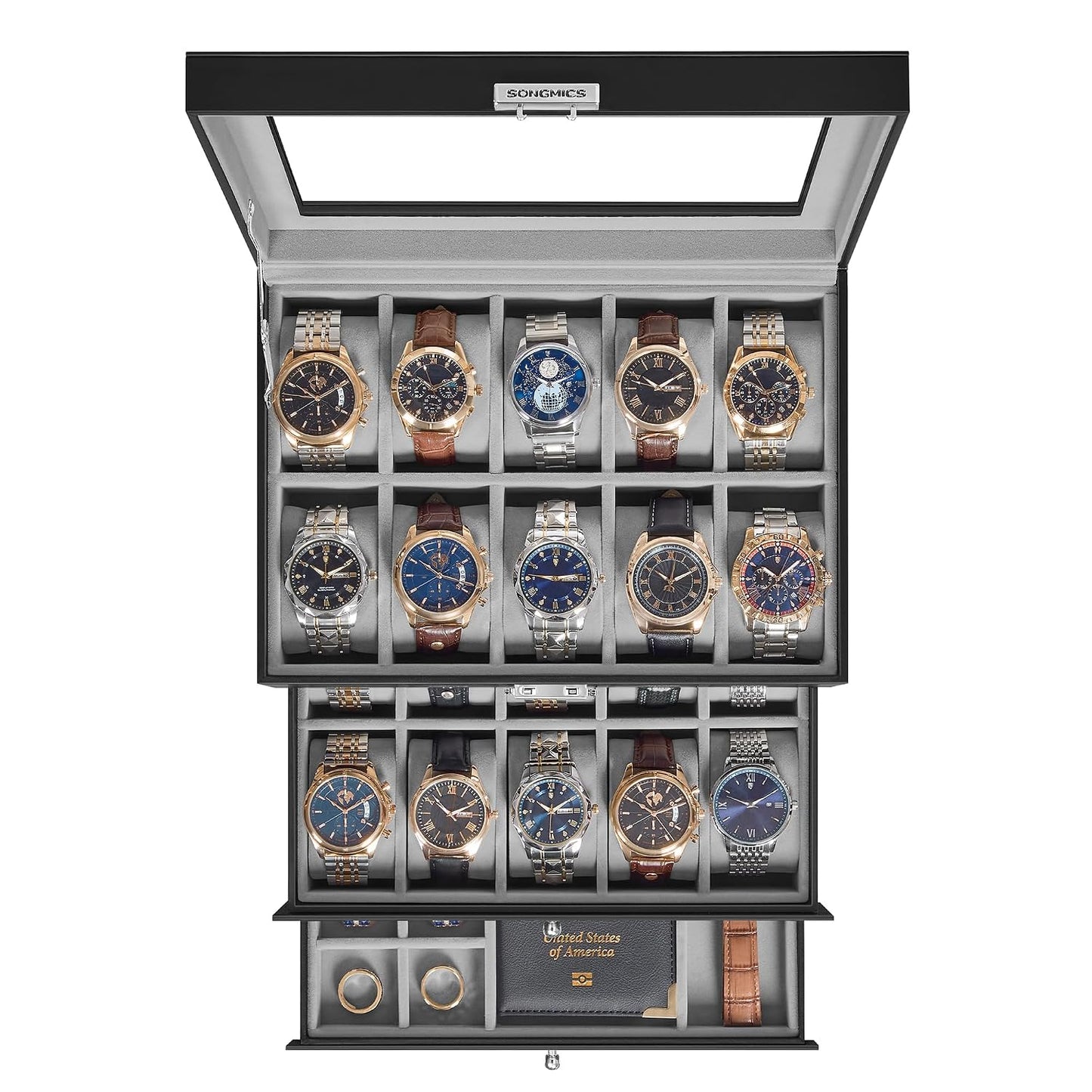 SONGMICS Watch Box, 20-Slot Watch Case Organizer, Black | Large Glass Lid, Removable Pillows, Metal Lock, Gift for Loved Ones, Grey Lining UJWB036B101