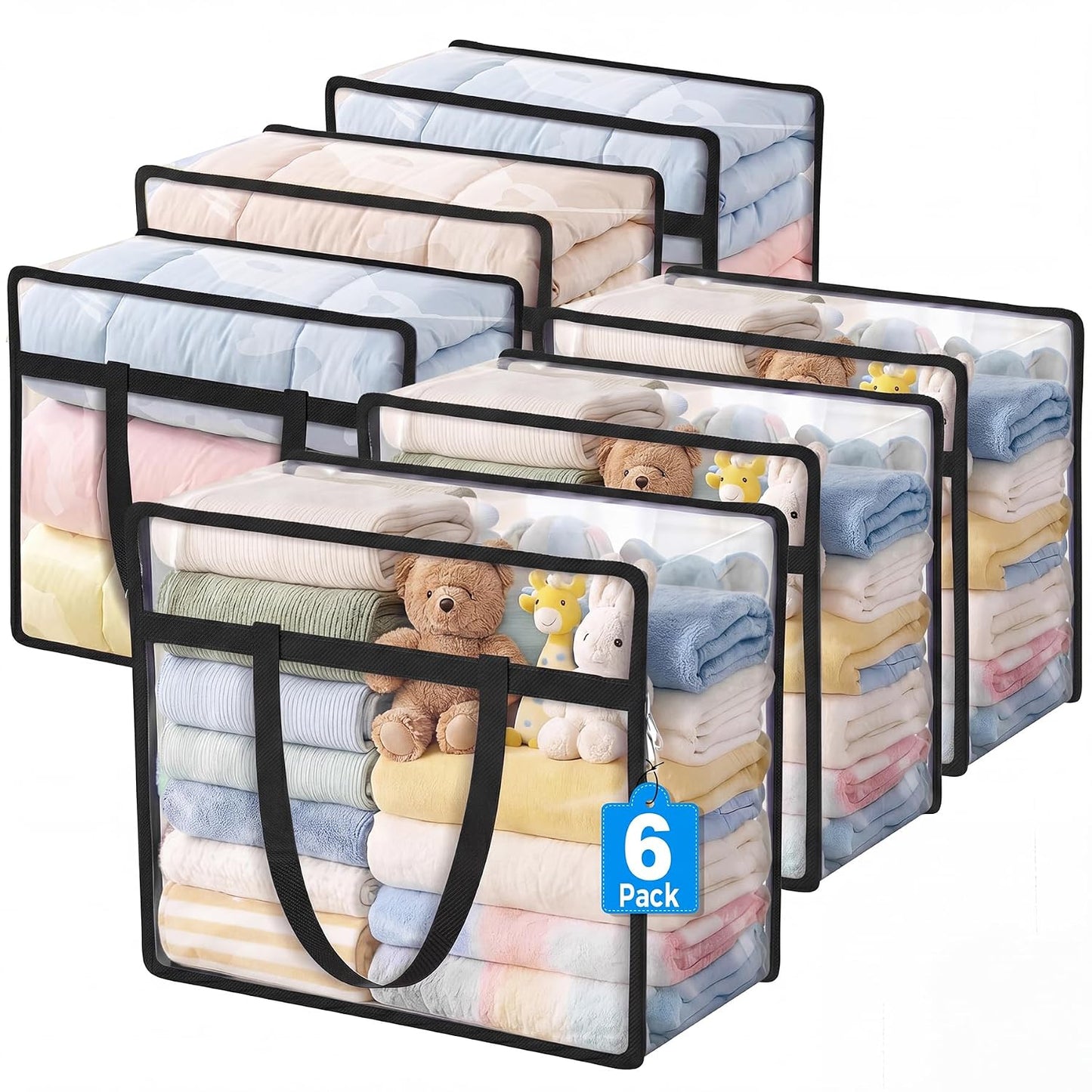 6 Pack Clear Storage Bags for Clothes, 45L Closet Organizers and Storage | Plastic storage with zipper and handle, moving bags, under-bed storage, closet organizer for blankets, comforters, toys