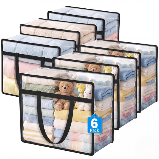 6 Pack Clear Storage Bags for Clothes, 45L Closet Organizers and Storage | Plastic storage with zipper and handle, moving bags, under-bed storage, closet organizer for blankets, comforters, toys
