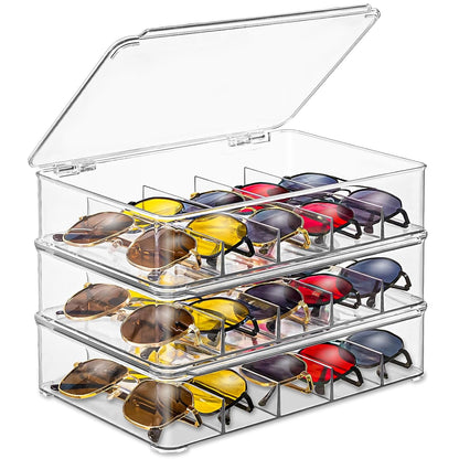 Sunglass Organizer, 3 Layers Acrylic Sunglasses Organizer, Clear Stackable Glasses Storage Organizer with Lid, Eyeglass Storage for Multiple Glasses, Reading Glasses