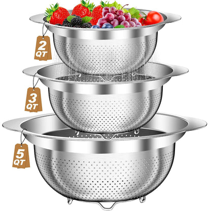 Colander, Stainless Steel Colander for Kitchen, 3Pcs Kitchen Gadget Food Strainer Basket with Handle, Kitchen Strainer Colanders Bowl for Pasta Noodles Spaghetti Vegetables Fruit (2QT, 3QT, 5QT)