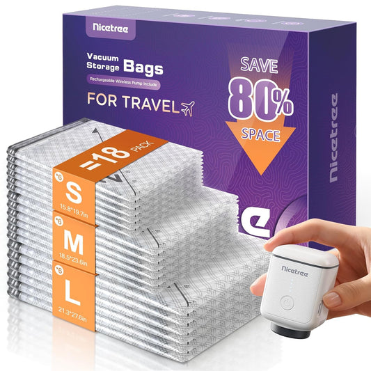 18-Pack Vacuum Bags for Travel with Rechargeable Pump, 3 Sizes | Compression Packing Bags for Carry-On Luggage and Suitcases. Space Saver Vacuum Seal Bags for Clothing and Home Storage